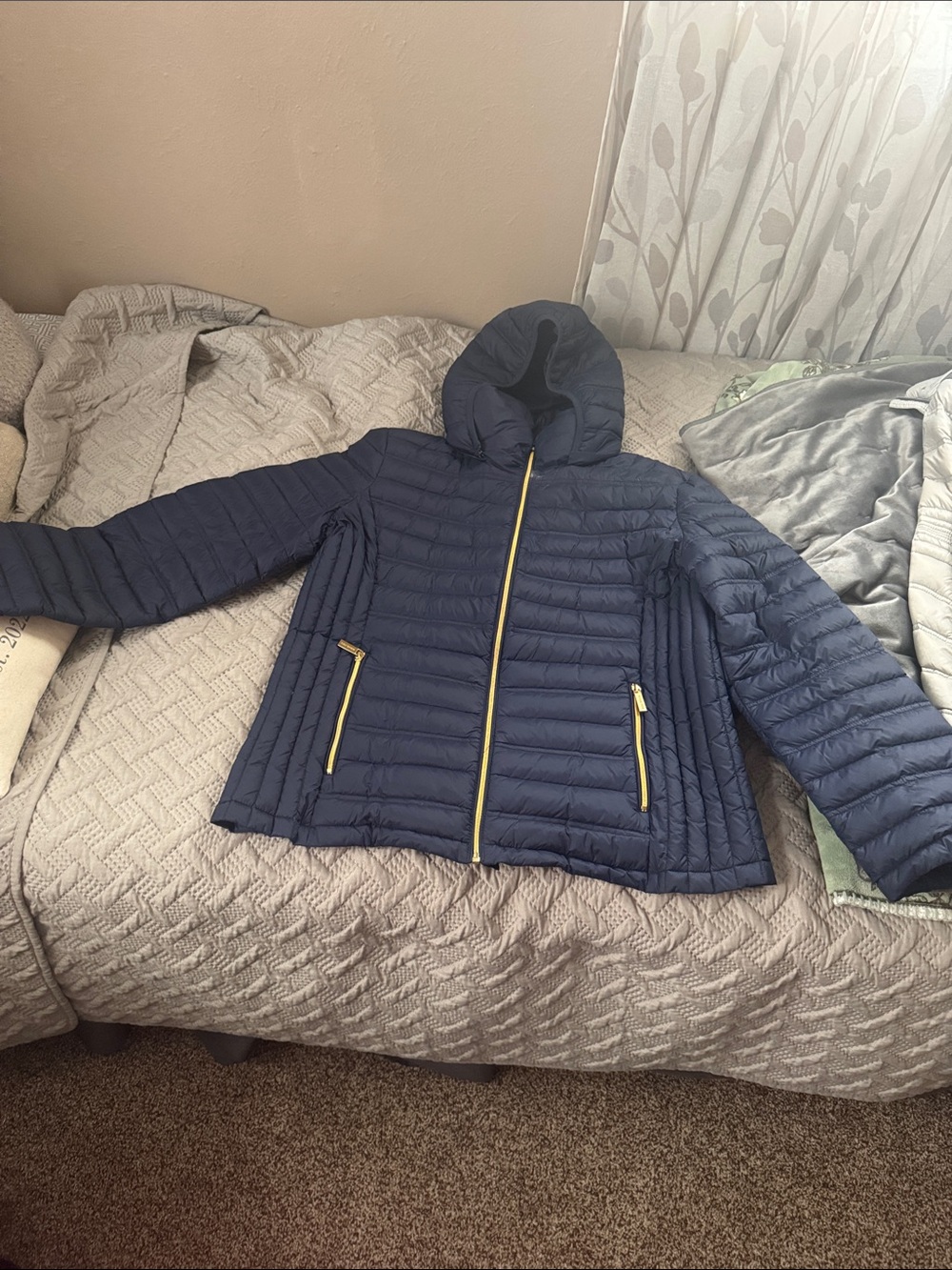 Michael Kors Navy Quilted Hooded Puffer with Gold Zippers